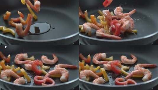 切好的辣椒和鲜虾落在锅里溅起油来高清在线视频素材下载