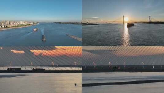 航拍清晨江面大桥高清在线视频素材下载