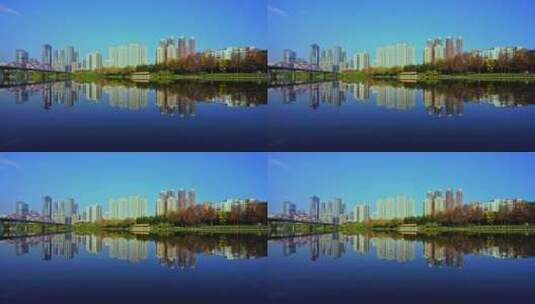 深圳洪湖公园水倒影树木城市建筑F高清在线视频素材下载