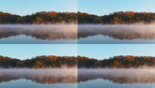 自然风光 湖面雾气江面雾气秋天森林高清在线视频素材下载