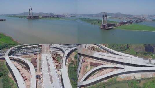 4K长沙香炉洲湘江大桥建设工地航拍高清在线视频素材下载