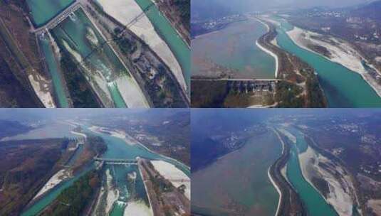都江堰水利工程全景航拍高清在线视频素材下载