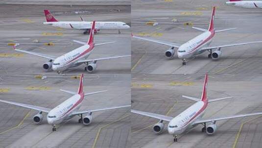 四川航空飞机在浦东机场跑道滑行高清在线视频素材下载