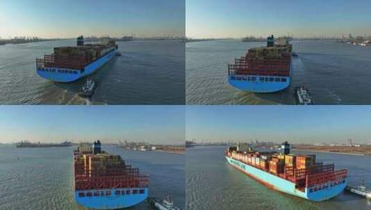 航拍天津港集装箱船进港高清在线视频素材下载