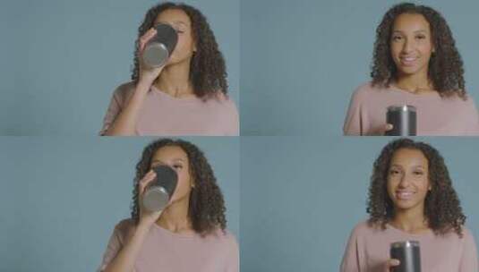女子用水杯喝水的肖像高清在线视频素材下载