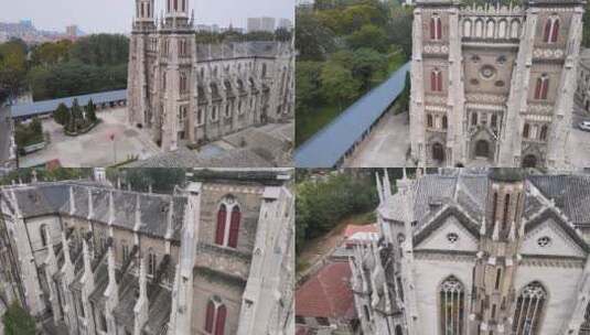 航拍山东济南市区洪家楼天主教堂高清在线视频素材下载
