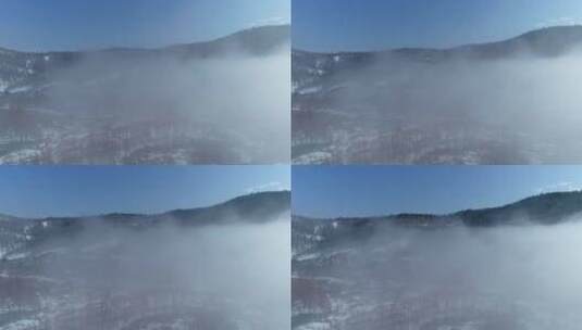 航拍大兴安岭河湾残雪消融云雾风景高清在线视频素材下载
