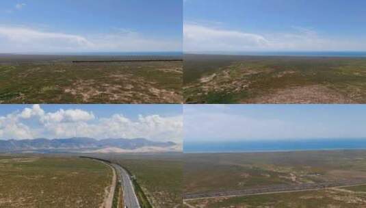 航拍青海湖海北州金沙湾沙岛青藏铁路火车4K高清在线视频素材下载