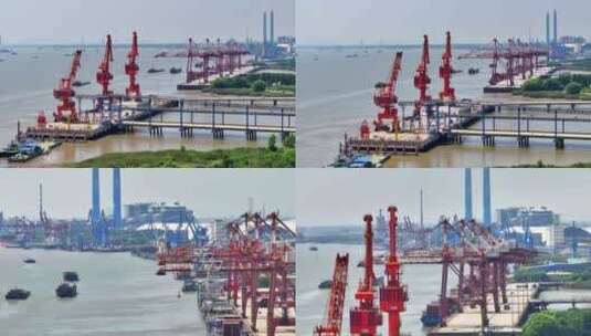 4k航拍长江扬州港口集装箱装卸货轮航道高清在线视频素材下载