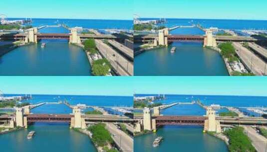 俯瞰芝加哥伊利诺伊州河道和密歇根湖的空中飞越|backgrou的海军码头高清在线视频素材下载