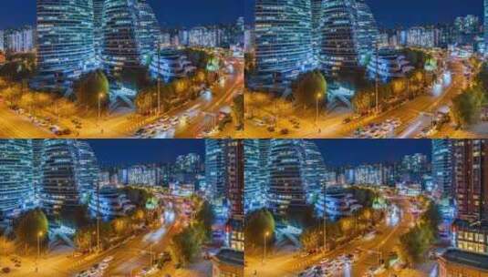北京望京SOHO夜景灯光车流延时高清在线视频素材下载