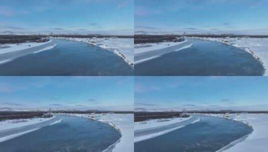 航拍流淌冰凌的冰封河流高清在线视频素材下载