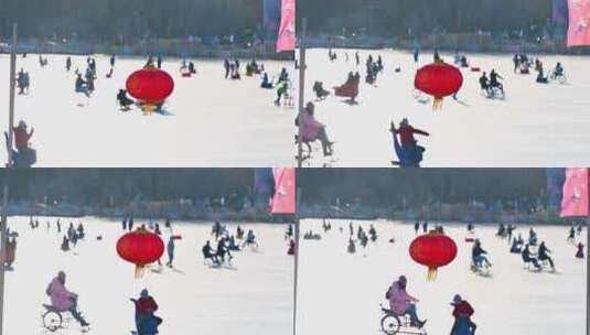 北京冬季阳光下朝阳公园冰场滑冰的人群高清在线视频素材下载