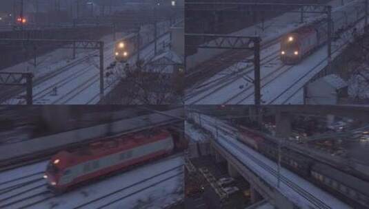傍晚下雪一列火车飞驰通过下满雪的铁路高清在线视频素材下载