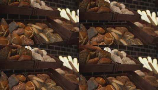 商店货架上陈列的什锦新鲜面包高清在线视频素材下载