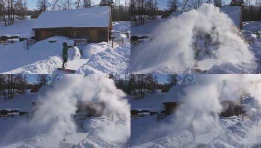 年轻女子在白雪覆盖小木屋前泼水成冰慢镜头高清在线视频素材下载