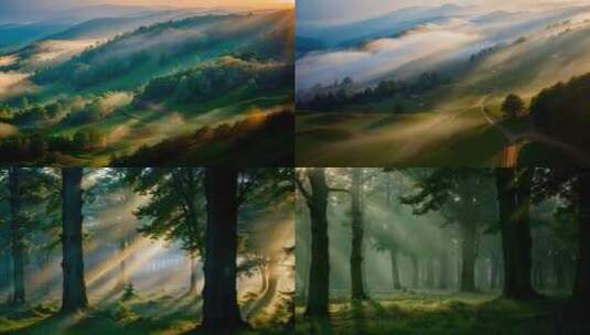清晨阳光云雾森林河流山林风景合集高清在线视频素材下载