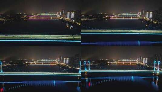 航拍湖北襄阳夜景凤雏大桥夜景高清在线视频素材下载