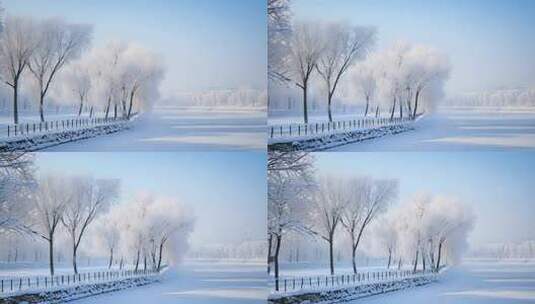 冬日里冰雪覆盖的河岸雪景雪地雪松树林桥高清在线视频素材下载