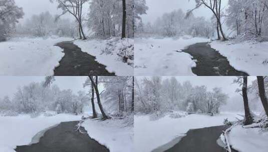 东北冬天长白山寒冷河流不冻河雾凇雪景高清在线视频素材下载