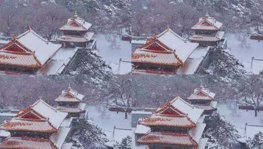 辽宁沈阳北陵公园清昭陵大雪中古建筑航拍高清在线视频素材下载