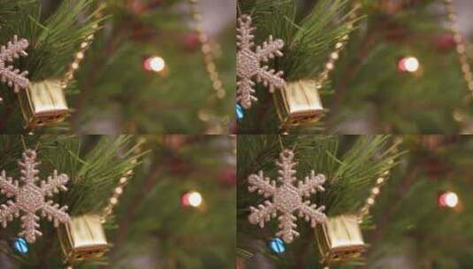 圣诞树上的雪花装饰和闪烁的花环高清在线视频素材下载