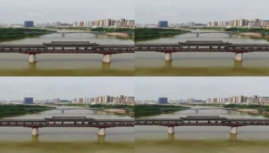航拍江西吉安白鹭洲风雨桥竖屏高清在线视频素材下载