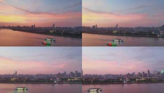 杭州钱塘江和现代都市风光夕阳下航拍高清在线视频素材下载