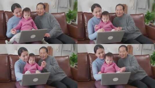 宝宝和妈妈奶奶三代人在家里看电脑视频电话高清在线视频素材下载