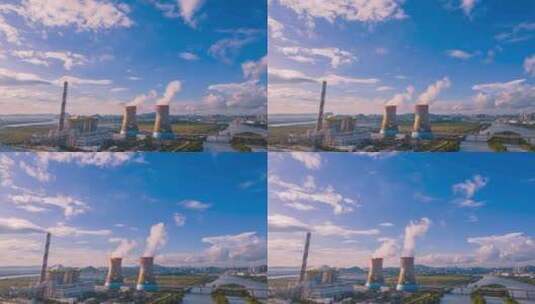 8K航拍火力发电工业烟囱排放污染气体延时高清在线视频素材下载