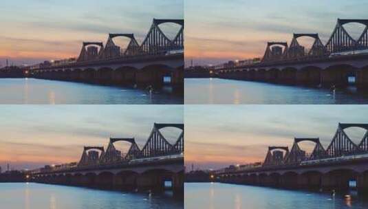 傍晚高铁驶过杭州钱塘江上钱江二桥航拍高清在线视频素材下载