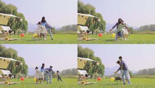 快乐的一家人在草地上玩耍高清在线视频素材下载