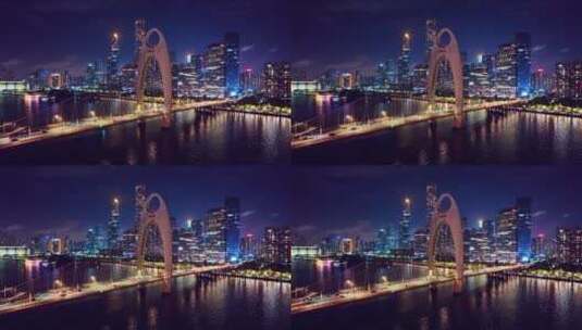 广州猎德大桥夜景航拍高清在线视频素材下载