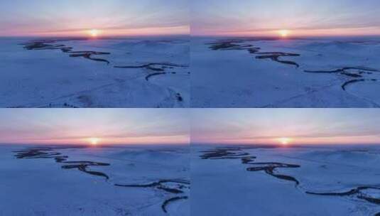 航拍呼伦贝尔草原河湾雪景暮色高清在线视频素材下载