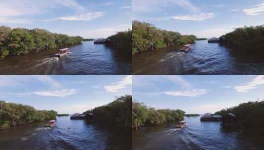 航拍在河上航行的船高清在线视频素材下载