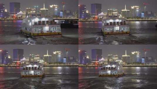 4K夜晚杨浦大桥下黄浦江上的游船高清在线视频素材下载