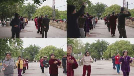 武汉清晨跳广场舞的老人高清在线视频素材下载