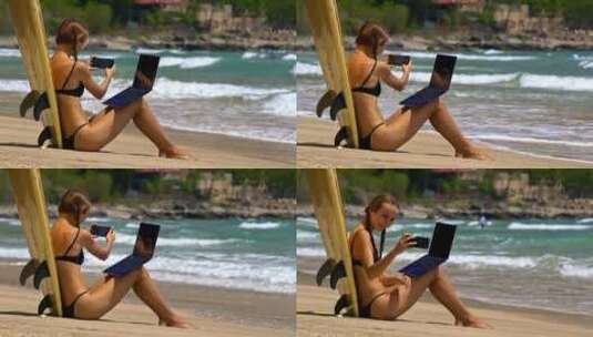 女孩靠在冲浪板上在沙滩上拍照高清在线视频素材下载