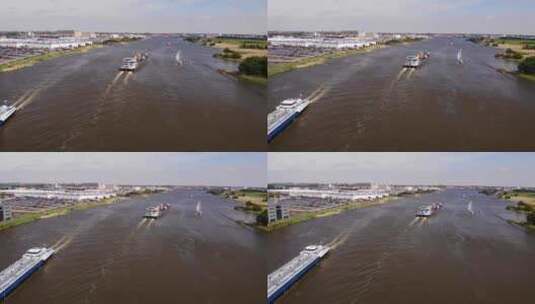 航拍货轮在河流中航行高清在线视频素材下载