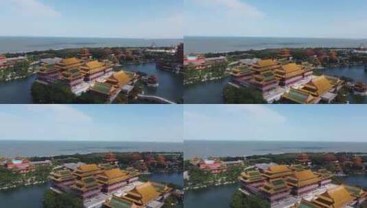 航拍山东蓬莱沿海城市古建景点大气风光高清在线视频素材下载