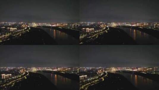 泉州夜景航拍晋江两岸夜晚风光江滨河流建筑高清在线视频素材下载