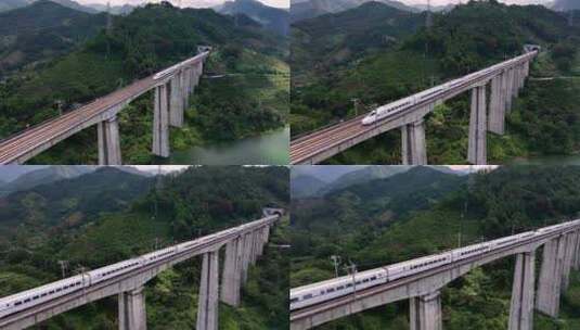 航拍广西桂林高铁列车行驶进站出站高清在线视频素材下载