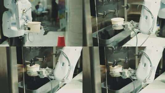 人工智能机器人在咖啡机上煮咖啡。特写镜头高清在线视频素材下载