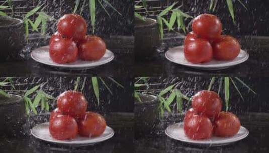 西红柿在雨中棚拍高清在线视频素材下载