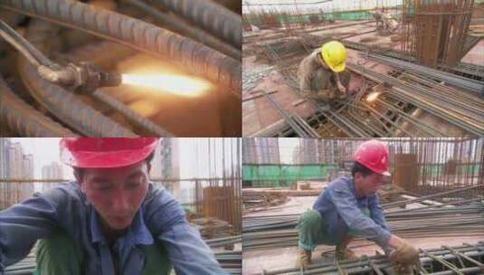 建设施工钢筋工施工电焊建筑工人高清在线视频素材下载