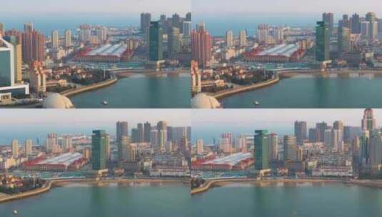 青岛市南区老城区海滨 栈桥 航拍高清在线视频素材下载