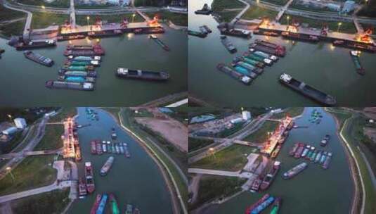 运河航拍港口码头水路运输轮船货运沙船高清在线视频素材下载