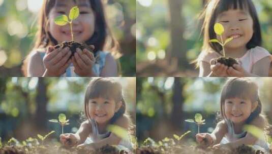 小女孩捧着小树苗种植4K高清在线视频素材下载