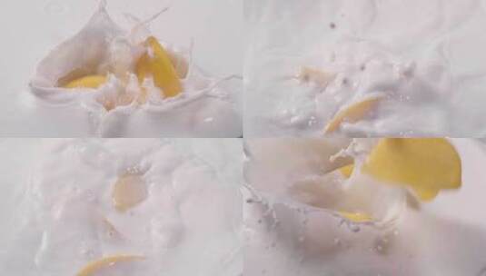 黄桃掉入牛奶高清在线视频素材下载