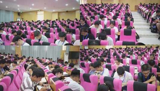 满座的粉色座椅会议室中学生们认真学习高清在线视频素材下载